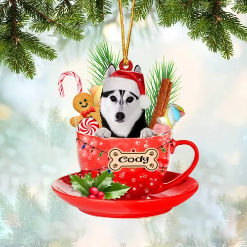 Miniatura 8 de NAZENTI Adorno personalizado de Alaskan Malamute en taza roja, adorno de Navidad personalizado para perros amantes de las mascotas, colgante