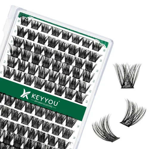 Miniatura 89 de KEYYOU Racimos de pestañas, 96 piezas de extensiones de pestañas DIY, rizado D de 16 mm, negro, realista, no irritante, fácil de colocar en casa