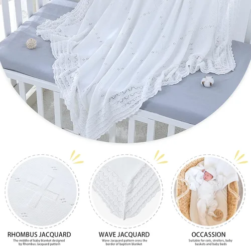 Miniatura 4 de Booulfi Manta de bebé, manta blanca para recepción, bautizo, toalla para recién nacidos, niños y niñas, manta térmica de algodón blanco