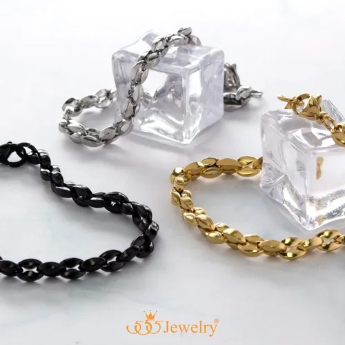 Miniatura 5 de 555Jewelry Pulsera unisex de cadena de eslabones de grano de café hueco de acero inoxidable