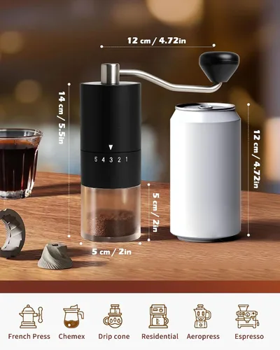 Miniatura 3 de Molinillo de café manual con muela de cerámica para espresso, prensa francesa, 5 ajustes ajustables, molinillo manual con muela incorporada