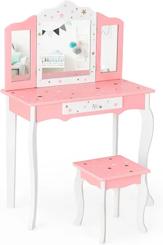 Miniatura 11 de Costzon Juego de tocador para niños con espejo, tocador de maquillaje de princesa 2 en 1 con parte superior desmontable, tocador para niñas pequeñas