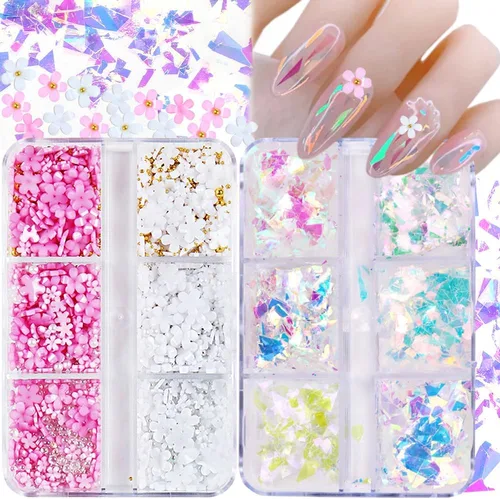 Dijes para uñas de flores 3D, kit de decoración de uñas de 2 cajas con diamantes de imitación acrílicos 3D, lámina de uñas holográfica iridiscente,
