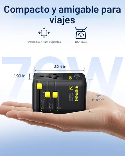 Miniatura 6 de Baseus Adaptador de viaje universal de 70 W, adaptador de enchufe internacional 6 en 1 con cable retráctil, cargador de pared USB-C PD de carga Negro