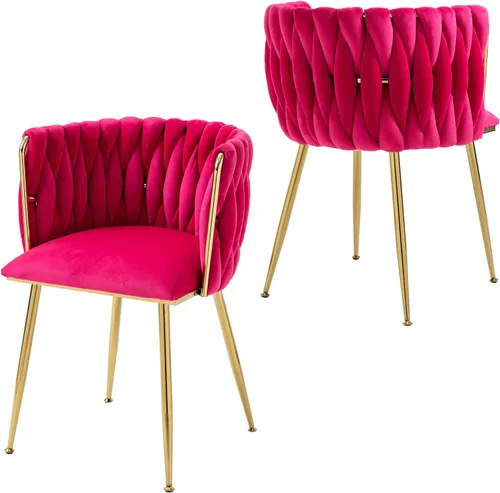 Miniatura 8 de Juego de 2 sillas de comedor tapizadas de terciopelo, sillas modernas para sala de estar con respaldo tejido y patas de metal dorado, silla auxiliar