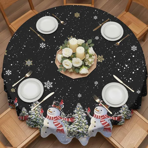 Miniatura 7 de Mantel redondo negro de Navidad, impermeable y resistente a las manchas, mantel lavable sin arrugas para comedor, fiesta, boda, muñeco de nieve