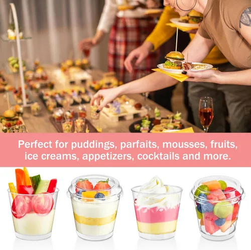 Miniatura 4 de Paquete de 50 mini tazas de postre de 6 onzas con tapas altas y cucharas, tazas pequeñas de plástico para tartas, tazas redondas para servir parfait