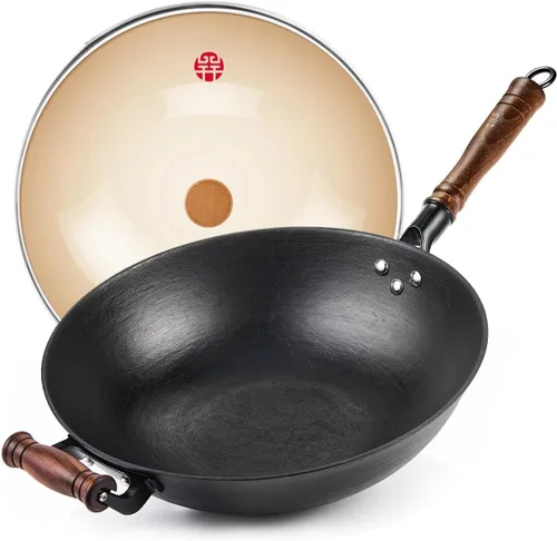 WANYUANJI Wok de hierro fundido, wok de fondo plano de 12.59 pulgadas con tapa de vidrio, adecuado para todos los fogones, olla de artesanía no