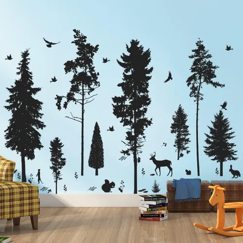 Miniatura 5 de Vinilo adhesivo de pared de pino, 9 árboles, ciervos, pájaros, conejos, bosques y naturaleza, removible de vinilo negro de alta calidad para niños
