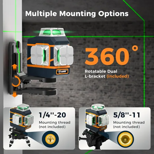 Miniatura 6 de CIGMAN Nivel láser CM-801 Nivel láser autonivelante 3 x 360 ° 3D Línea cruzada verde para decoración y colgar cuadros con dos baterías recargables