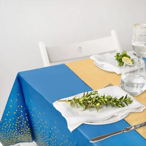 Miniatura 5 de WDF Paquete de 16 manteles de plástico azul real y dorado con caminos de mesa, manteles rectangulares de 54 x 108 pulgadas, caminos de satén de 12 x
