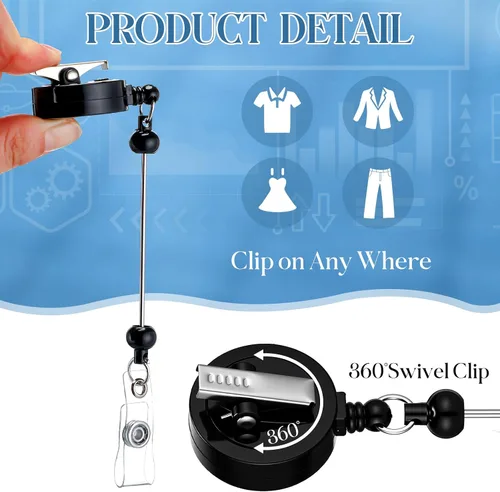 Miniatura 3 de Sayglossy 15 carretes retráctiles para tarjetas de identificación con clip de cocodrilo, barras en blanco con cuentas en blanco, regalo