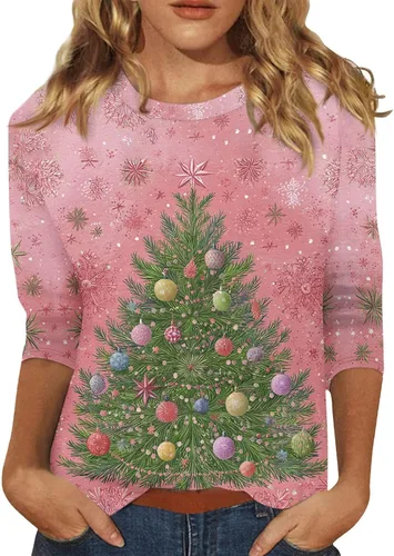 Miniatura 64 de Camisetas de manga 3/4 para mujer, cuello redondo, holgadas, casuales, con estampado floral, camisetas de moda para el trabajo de negocios