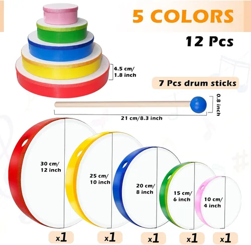 Miniatura 2 de 5 piezas de juego de tambores de mano para niños con marco de madera y baquetas de 12 pulgadas, 10 pulgadas, 8 pulgadas, 6 pulgadas, 4 pulgadas