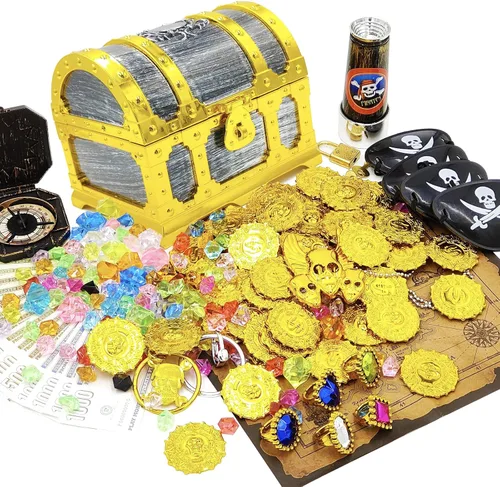 Miniatura 7 de Juego de 182 piezas de cofre del tesoro pirata con marco dorado para niños, con candado, mapa, monedas, aretes, anillos, parche para ojos, brújula