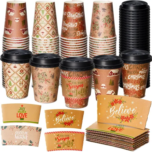 Miniatura 12 de Yungyan Paquete de 100 Tazas de Café Desechables de Navidad de 12 oz con Tapas y Mangas, Tazas de Café de Papel Aisladas con Tapas de Cúpula
