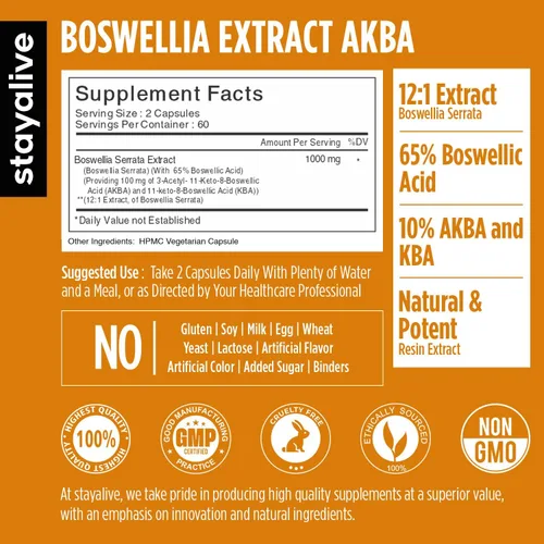Miniatura 2 de STAY ALIVE Boswellia Serrata - Cápsulas de extracto de 1000 mg con AKBA y 65% de ácido boswélico, extracto de resina en polvo 12:1, 120