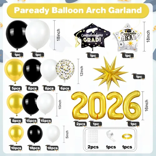 Miniatura 2 de Kit de Arco de Globos Paready Graduación 2025, 120 Piezas de Arco de Globos Graduación Negro y Dorado, Globos de Confeti Negro y Dorado Metálicos