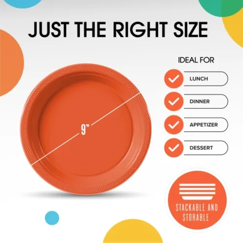 Miniatura 3 de Exquisite Party Solids - Platos de plástico naranja para suministros de fiesta, platos desechables de 9 pulgadas, resistentes, 50 piezas, juego