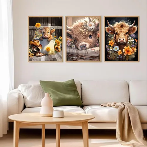 Miniatura 2 de Axquilon Kits de arte de diamantes para adultos, paquete de 3 kits de pintura de diamantes de vaca de las tierras altas para adultos, 5D redondo