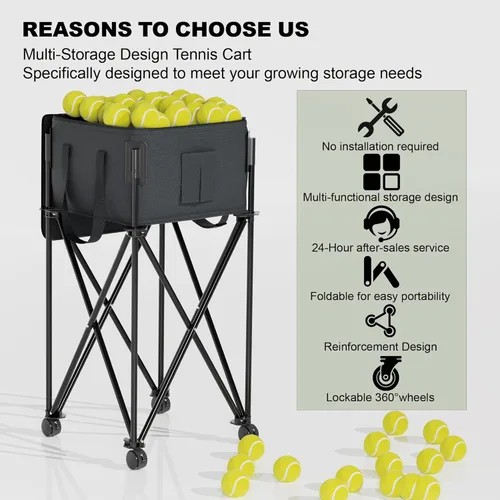 Miniatura 7 de Tolva de pelota de tenis para 120 pelotas, cesta de pelota de tenis con bolsa de almacenamiento extraíble, carrito de pelota de tenis con ruedas