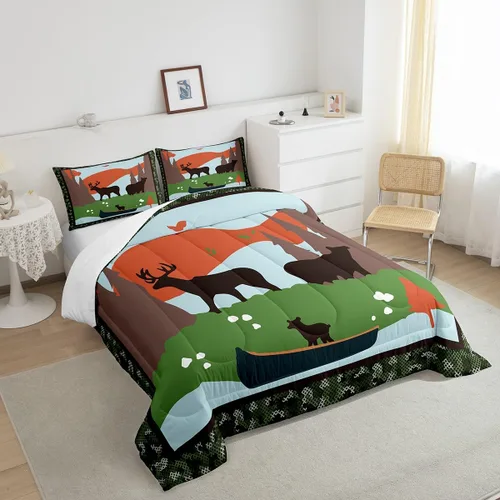 Miniatura 4 de Juego de ropa de cama de jejeloiu con diseño de ciervos y osos para niños y niños, edredón ultra suave para campistas, decoración feliz acampando