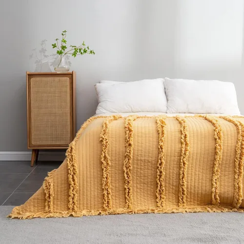Miniatura 20 de Manta acolchada ultra suave y prelavada de tamaño individual color amarillo bohemio para cama, manta decorativa con flecos con volantes, manta