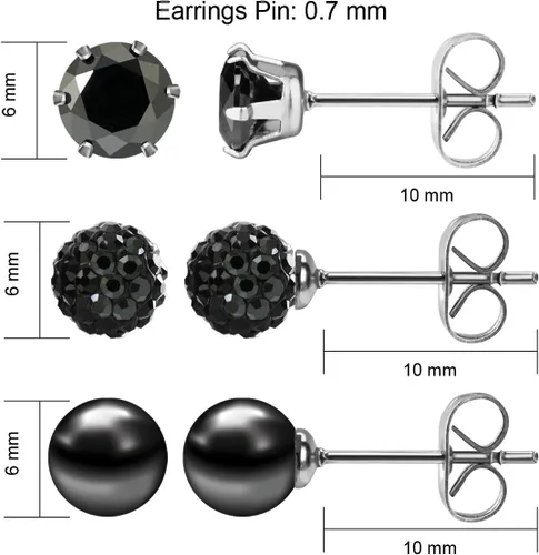 Miniatura 16 de JewelrieShop - Juego de aretes de tuerca de acero inoxidable con circonitas cúbicas y perlas de imitación, 3 pares de 0.236 in