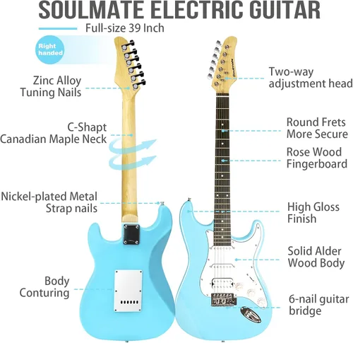 Miniatura 2 de Soulmate - Kit de guitarra eléctrica de 39 pulgadas, tamaño completo, cuerpo sólido, kit para principiantes HSS, guitarra eléctrica de iniciación