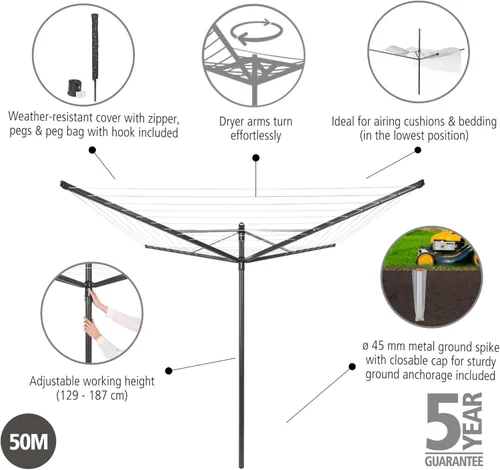 Miniatura 2 de Brabantia Lift-O-Matic Tendedero de 4 brazos para exteriores (164 pies/Ø 1.8 pulgadas) altura ajustable, tendedero plegable + estaca de tierra