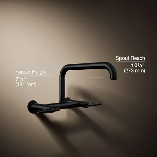 Miniatura 3 de KOHLER Purist Grifo de fregadero de cocina de dos agujeros para montaje en pared con boquilla de 13-7/8 pulgadas, negro mate