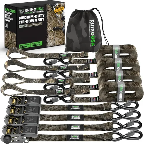 Miniatura 10 de Rhino USA - Correas de trinquete de amarre (4), 1 pulgada x 15 pies (resistencia 1823 libras), con ganchos en S de seguridad, alta calidad para Negro