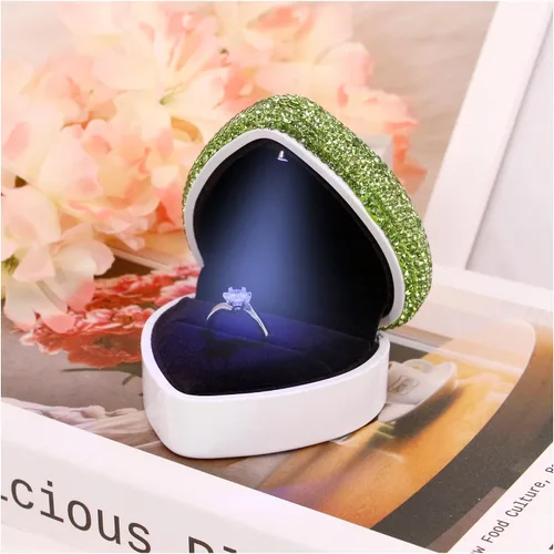Miniatura 2 de Naimo Caja de anillo con forma de corazón de diamantes de imitación con luz LED, soporte de terciopelo para aretes, monedas, caja de joyería