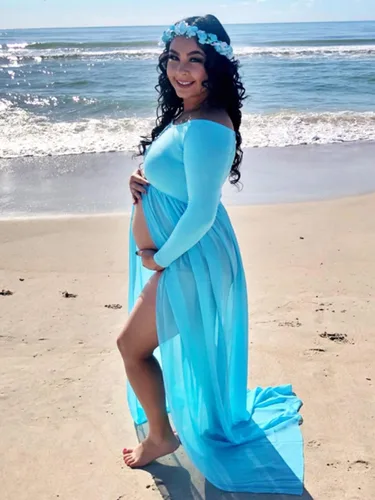 Miniatura 2 de YnimioAOX Vestido de maternidad de manga larga con hombros descubiertos para mujer, para fotografía, vestido de maternidad de gasa para sesión