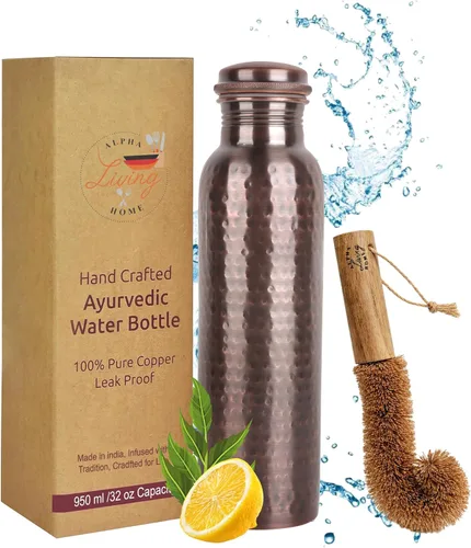 Miniatura 13 de Botella de agua de cobre real de 34 onzas, extra grande, botella de cobre puro para agua potable, botella ayurvédica de diamante antiguo, tapa a