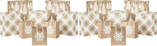 Miniatura 7 de Hallmark Surtido de bolsas de regalo de Navidad, papel kraft reciclable marrón con copo de nieve, cuadros y árboles