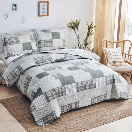 Miniatura 2 de Colcha a cuadros gris y blanco tamaño Full/Queen, colchas de retazos ligeras, colcha geométrica a cuadros, ropa de cama suave y transpirable, Gris