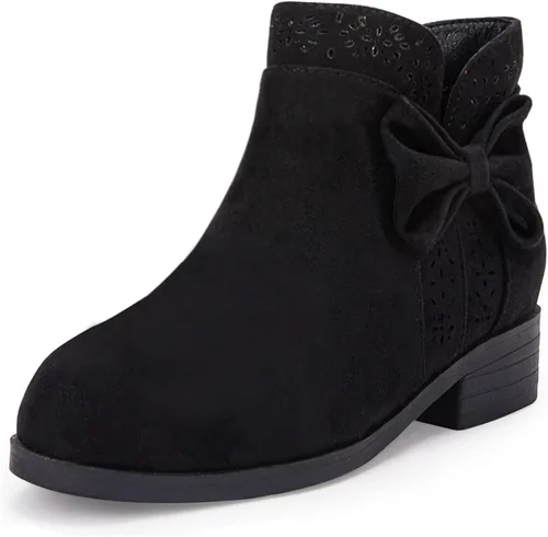 Botas de tobillo con nudo de lazo para niñas y niños, gamuza sintética, corte en V, tacón bajo apilado, cremallera lateral, zapatos Chelsea
