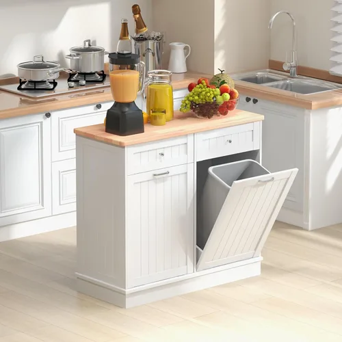 TOLEAD - Armario de basura extraíble, isla de cocina estilo antiguo con tablero de perlas, superficie de madera maciza y cajón, contenedor de basura