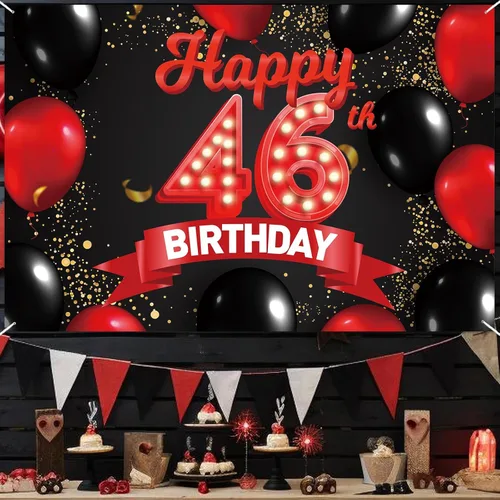 Miniatura 6 de Feliz 46º Cumpleaños Pancarta Roja y Negra Telón de Fondo Decoraciones Globos Decoración Temática para Niñas Mujeres Princesa 46 Años Fiesta