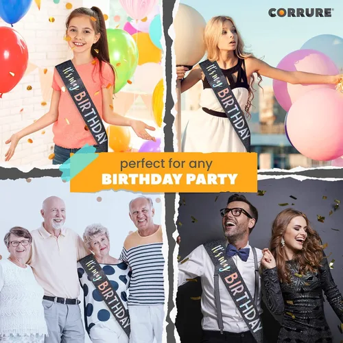 Miniatura 2 de CORRURE Banda con purpurina «It's My Birthday» con lámina multicolor – Banda de feliz cumpleaños con purpurina negra para mujeres – Suministros