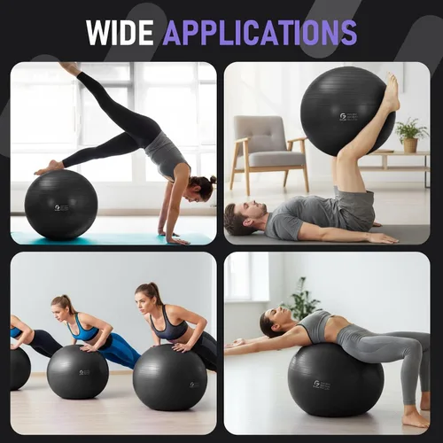 Miniatura 5 de Gruper Pelota de yoga y pilates, pelota de gimnasio de 4 tamaños para fitness, yoga, entrenamiento, embarazo y terapia física, bomba rápida
