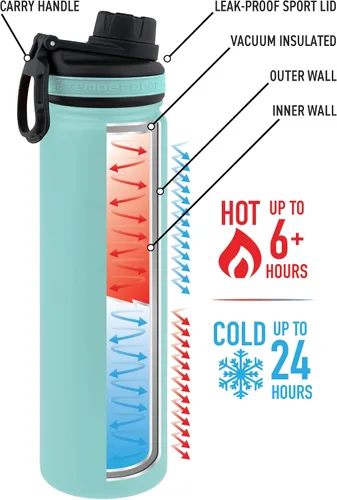 Miniatura 2 de Tempercraft Botella deportiva aislada al vacío de 22 onzas, opciones personalizadas grabadas con láser, acero inoxidable, doble pared, boca ancha