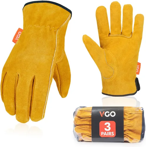 Vgo... 3 pares de guantes de trabajo y conductor, de cuero de vaca sin forro, para trabajo pesado, conducción de camiones, almacén, jardinería, Oro