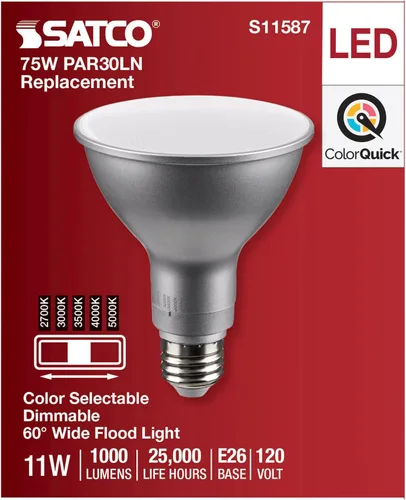 Miniatura 4 de Satco S11587 PAR30LN LED de 11 vatios con base media, acabado plateado, CCT seleccionable, ángulo de haz de 120 voltios y 60 grados (6 bombillas LED)