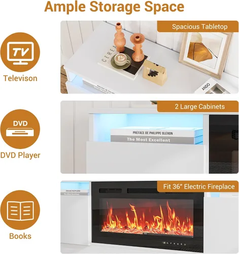 Miniatura 4 de Soporte de TV moderno para TV de hasta 75 pulgadas, armarios de mesa de consola de televisión blancos de 70 pulgadas con almacenamiento y luces LED