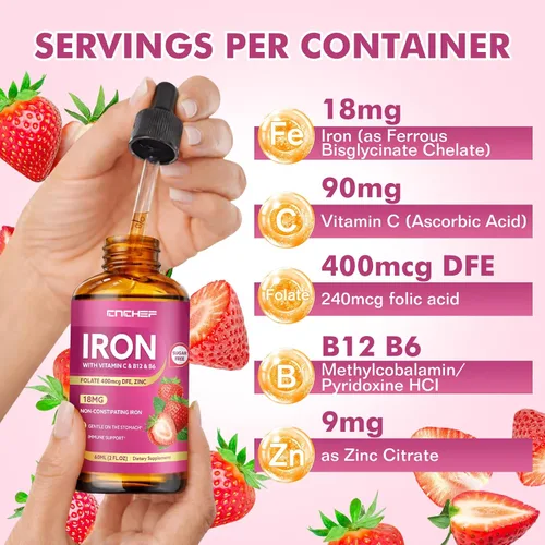 Miniatura 3 de Liquid Iron Supplement for Women, Men & Kids 18mg with Vitamin C, B12, B6, Folate & Zinc High Absorption Ferrous Bisglycinate Chelate, Natural