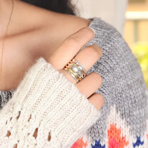 Miniatura 2 de Boho-Magic Anillo giratorio de plata de ley 925 con piedra lunar para mujer con cobre y latón
