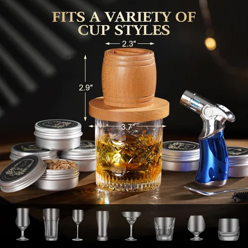 Miniatura 6 de Kit de ahumador de whisky con antorcha, kit de ahumador de cóctel a la antigua moda con chips de madera de 6 sabores, 2 bolas de hielo de acero