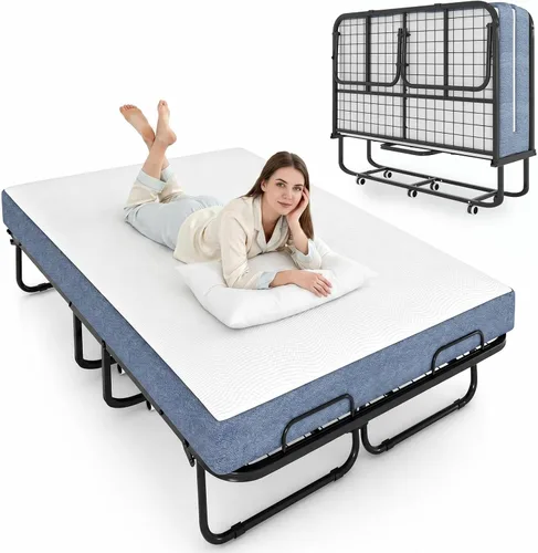 Miniatura 11 de Mjkone Cama plegable con colchón, cama rodante para adultos con cabecero y bolsa antipolvo, cama plegable portátil de 5 pulgadas para huéspedes